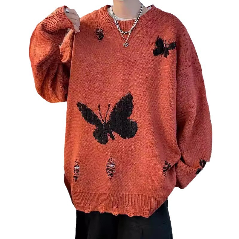 Men's Clothing fashion Y2K butterfly embroidery distressed sweater unisex loose pullover sweater_voghion.com