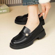 软皮金币乐福鞋女英伦风2025春季新款粗跟单鞋厚底一脚蹬小皮鞋子