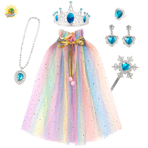 New model for children and girls to play princess, colorful cloak, magic wand, female crown, queen necklace, earrings and rings, six-piece set
