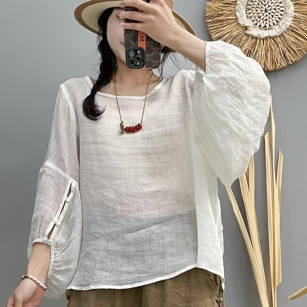 2025春夏新款圆领灯笼袖纯色苎麻纯色宽松上衣气质显瘦轻薄T恤衫