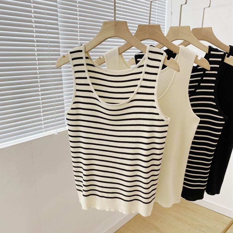 Striped Ice Silk Knitted Vest Women's Summer Summer Design French Style Sleeveless Short Small Sling Inner Base Top