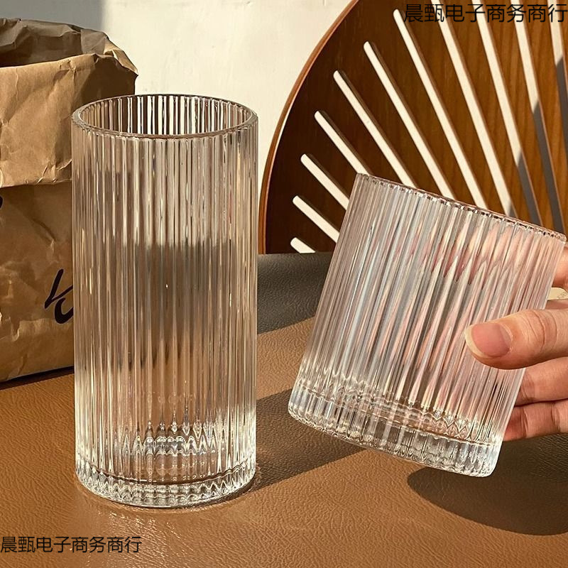 ins简约条纹玻璃杯冰美式拿铁咖啡杯果汁杯冷饮杯家用牛奶杯水杯|undefined
