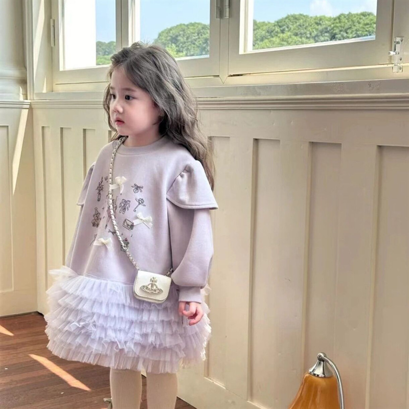 ¡El ballet morado! Niñas coreanas de dibujos animados de encaje de malla camiseta de lana