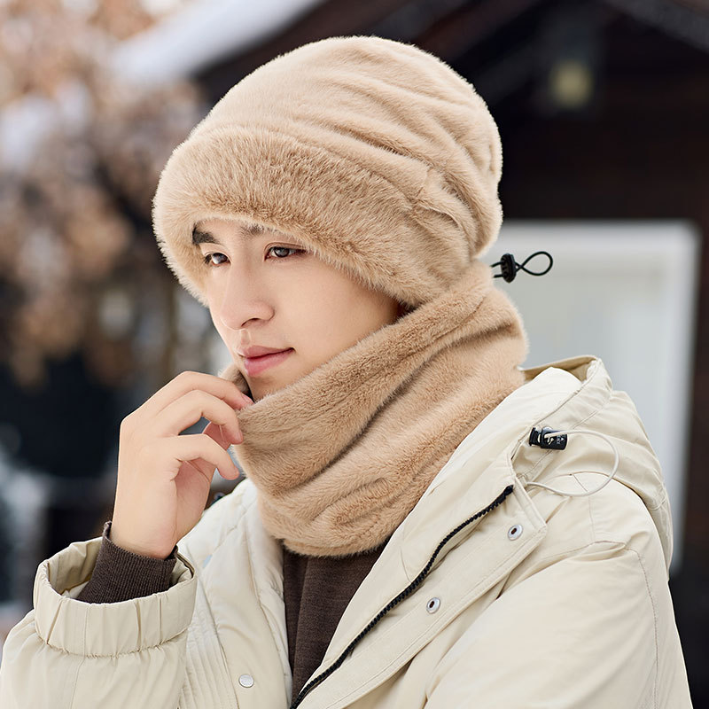 New plush thread hat men's winter cycling warm scarf set outdoor ear protection thickened windproof cap New plush thread hat men's winter cycling warm scarf set outdoor ear protection thickened windproof cap