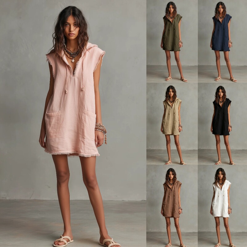 2026 Independent Brand Women's V-Neck Minimalist Linen Blend Mini Dress — with Hood, Sleeveless, Frayed Edges 2026 Independent Brand Women's V-Neck Minimalist Linen Blend Mini Dress — with Hood, Sleeveless, Frayed Edges