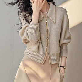 时尚新款翻领毛衣女春秋新款套头针织衫高级宽松显瘦洋气百搭上衣