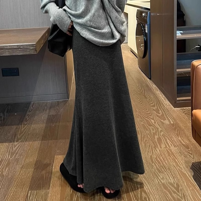Relaxed High-Waisted Wool-Blend Mermaid Maxi Skirt – Flowy A-Line Long Skirt With Stretchy Waist, Dark Grey/Black, One Size Fits Most_ecoleips.com