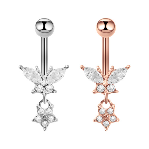 Cross-border new European and American stainless steel diamond-studded butterfly navel ring navel pin body piercing jewelry