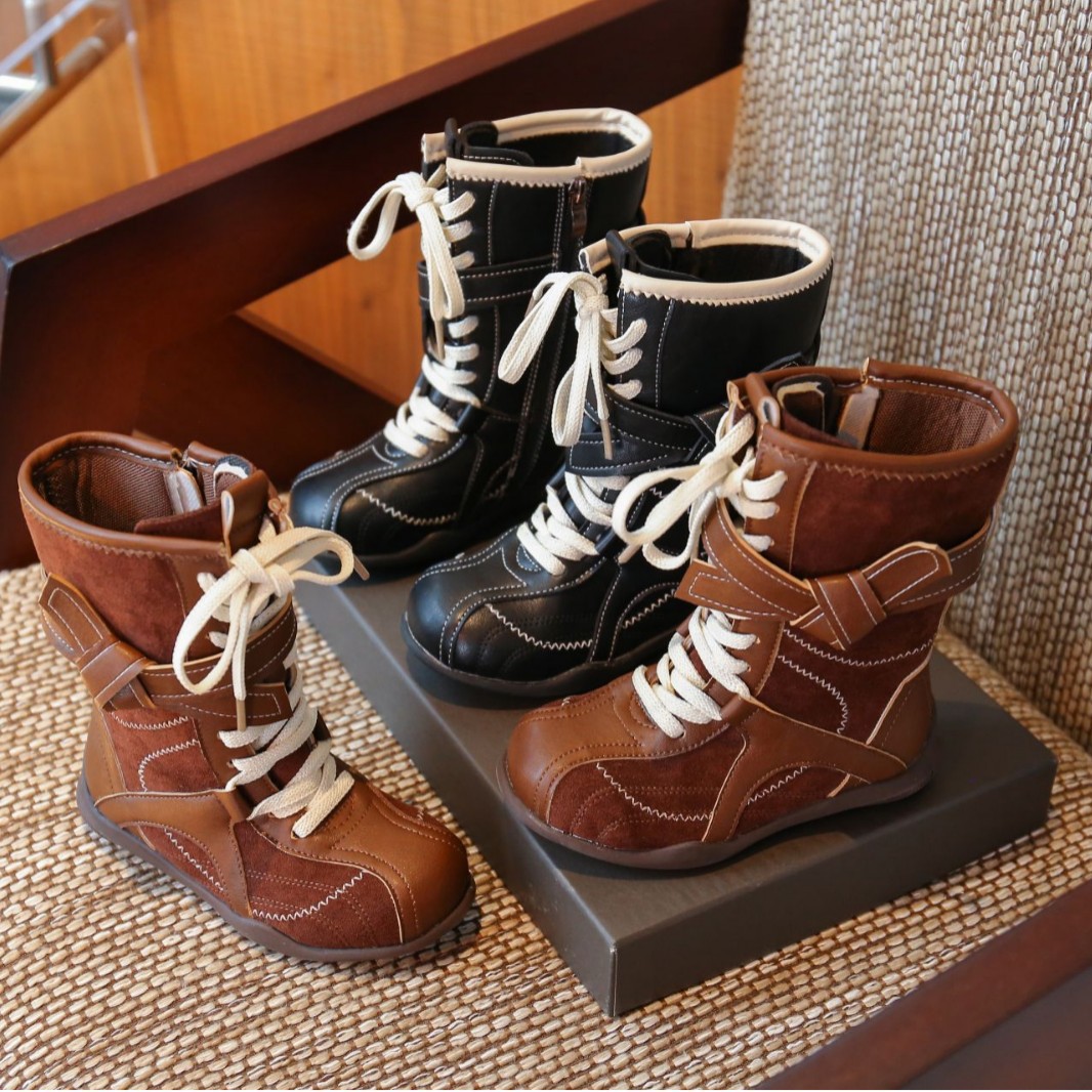 Trendy Stitched Patchwork Retro Denim Style Leather Ankle Boots 2026 Spring, Autumn, and Winter Models for Boys and Girls, Versatile Small Boots