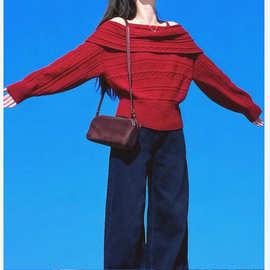 法式一字肩粉色套头麻花毛衣女秋冬加厚保暖慵懒风露肩针织衫上衣