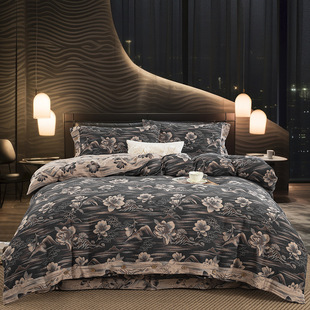 Mulan Ci Pure Cotton Yarn-Dyed Double-Layer Gauze Four-Piece Bedding Set (Bed Sheet, Duvet Cover, Pillowcase) New Chinese Style