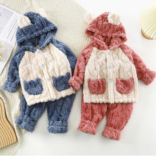 Autumn and Winter Children's Flannel Pajamas Thickened Jacquard Hooded Long-sleeved Trousers Large Children's Home Clothes with Bocket Thickened