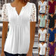2023 Amazon European and American Temu New Women's Lace Sleeve Pleated Solid Color Printed Button Short Sleeve T-shirt