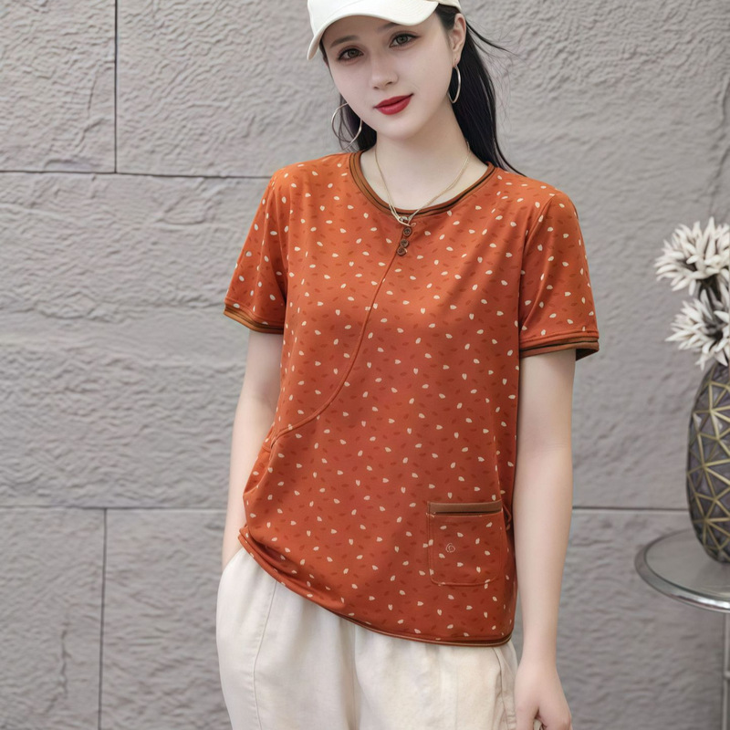 Loose Round-Neck Printed Short-Sleeved Pure Cotton T-Shirt for Moms, New Summer Style Pullover with Contrasting Colors, Slimming Top for Middle-Aged and Elderly Women