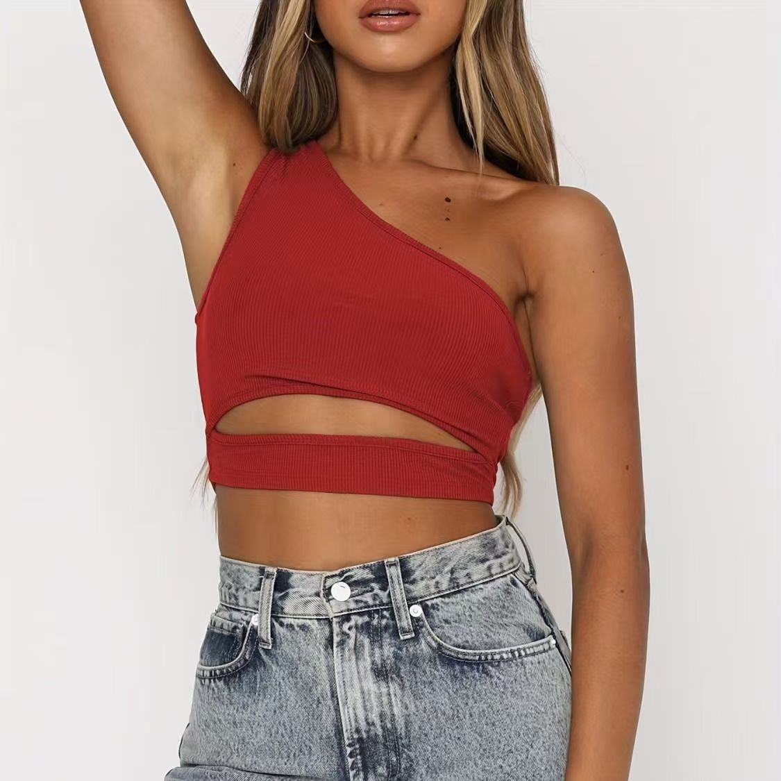 Europa y los Estados Unidos nuevos chalecos de punto casuales de color sólido de mujer sexy ultra corto de hombro inclinado chaleco pequeño de moda