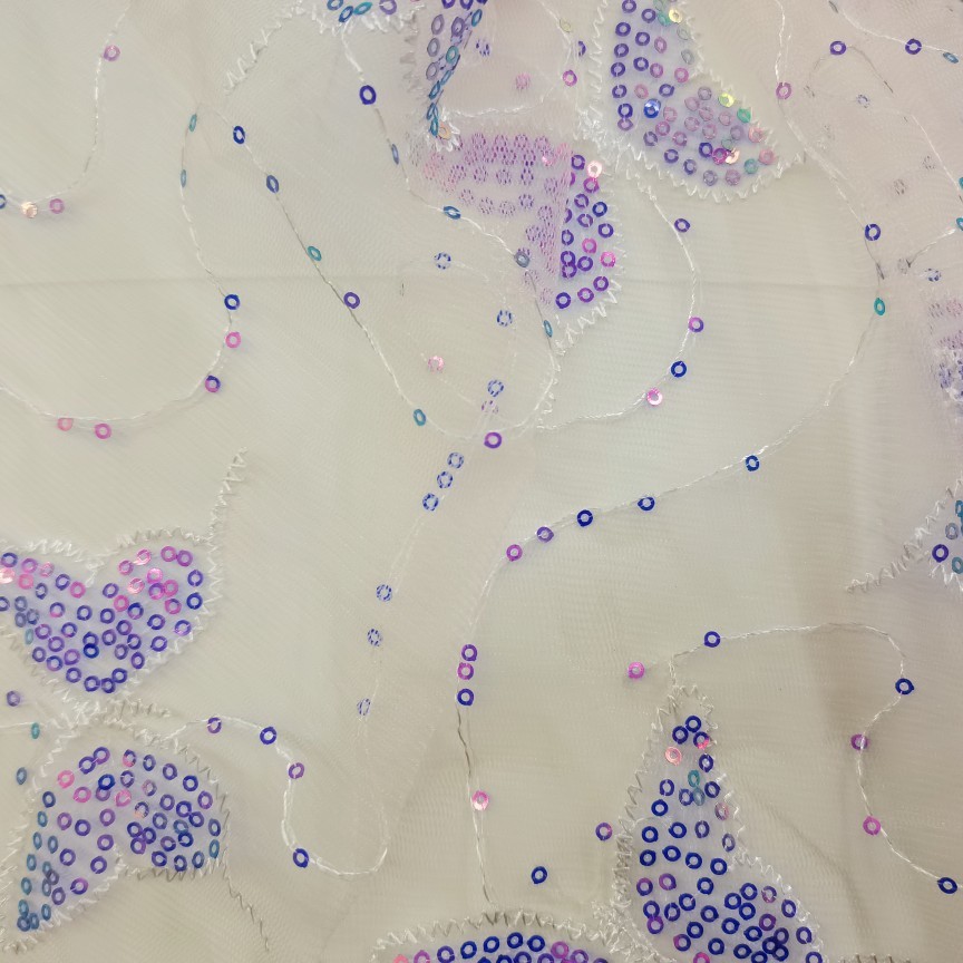 柔软锦纶网布刺绣面料连线珠片蝴蝶亮片绣网纱女装绣花裙时尚布料