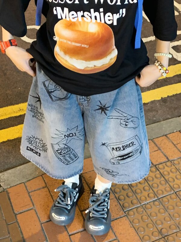 Girl's Summer Denim Shorts Loose Straight Fashionable Casual Cute Funny New Pants Mid-length Pants Hong Kong Style