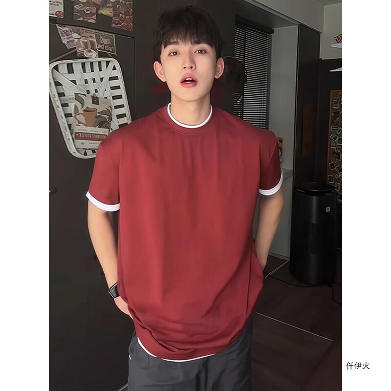 Black Fake Two-Piece Solona Student Short-Sleeved Men's Summer Cleanfit Handsome Fitness Sports Slim T-Shirt