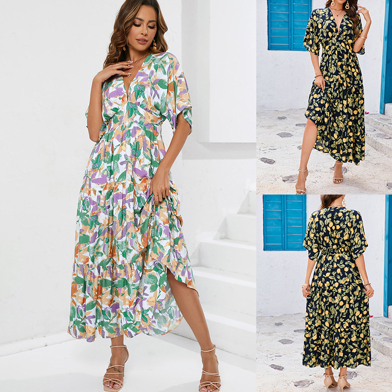 국경 간 대외 무역 유럽과 미국 여성 의류 2025 봄과 여름 레이온 인쇄 깊은 V 허리 원피스 비치 홀리데이 스커트