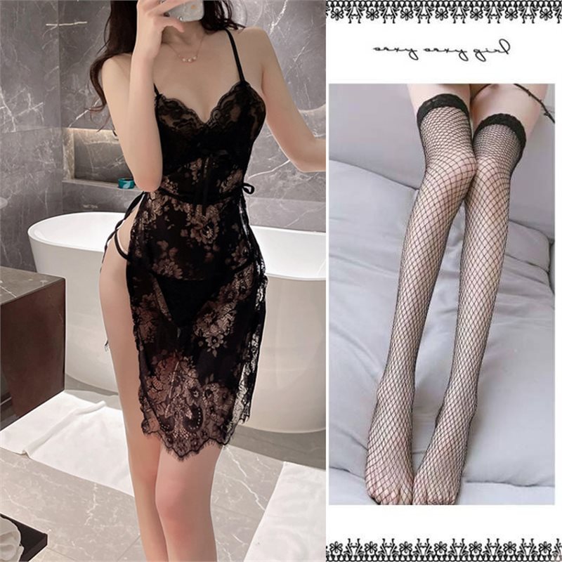 검은색 잠옷 + 끈팬티 + 검은색 망사스타킹