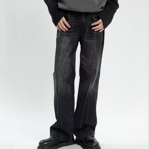 Trendy Washed Spring Men's Long Pants: Youthful, Popular, Loose-Fit, Straight-Leg Denim Jeans with Harajuku-Style Zipper