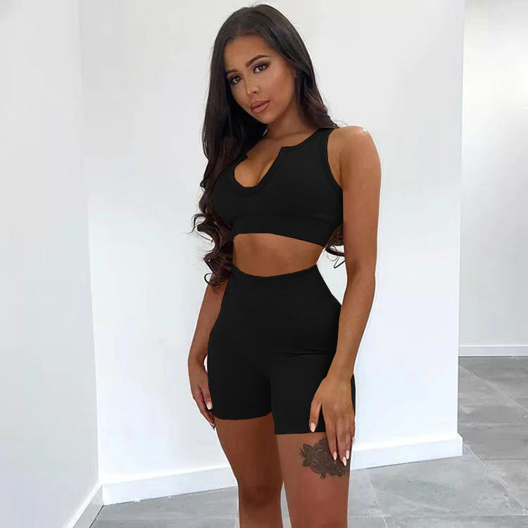 Sexy Solid Color Deep V Thickened Thread Sports 2 Piece Set NSOJS58979