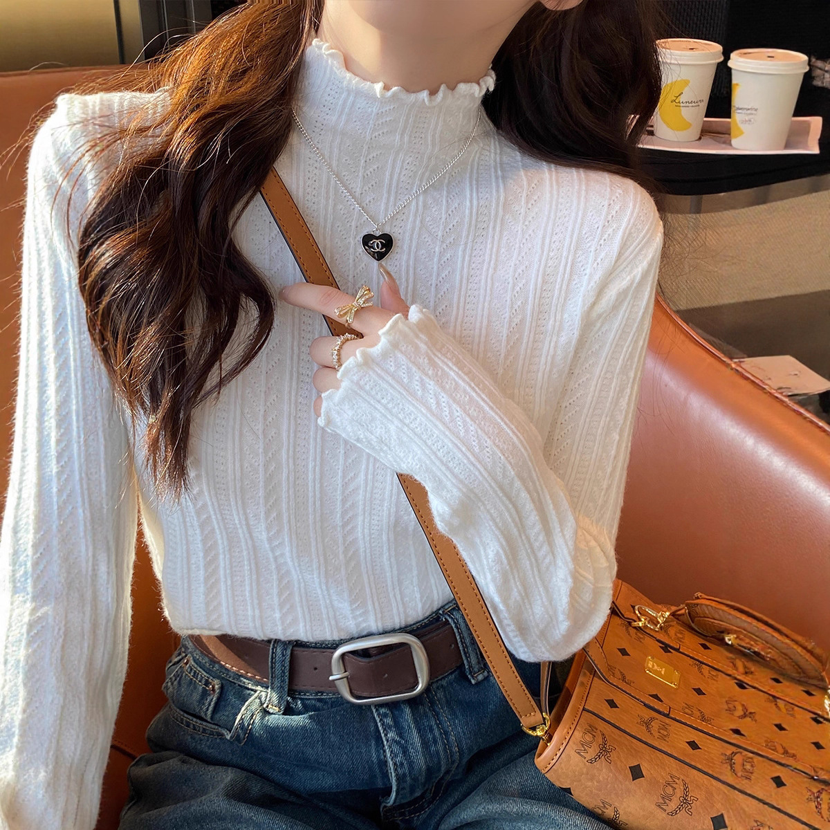 半高领毛衣针织打底衫女秋冬季内搭2025年新款高级感木耳边上衣