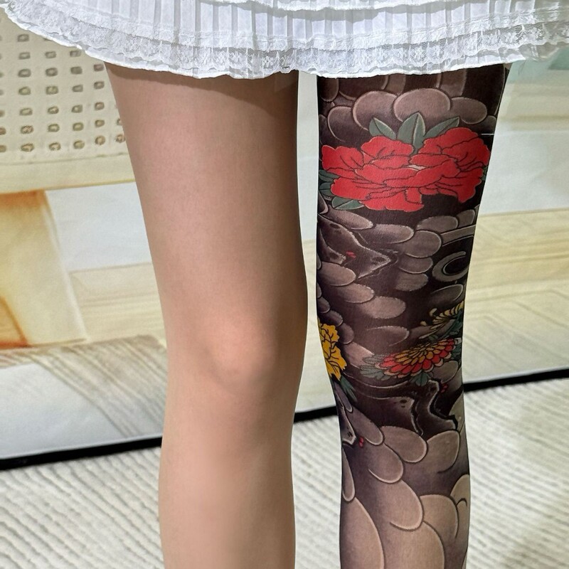 plus size Flower Leg Silk Stockings Peony Tattoo Skin Color Spice Girls Sexy Niche Silk Stockings Thin Summer High Elastic Pantyhose