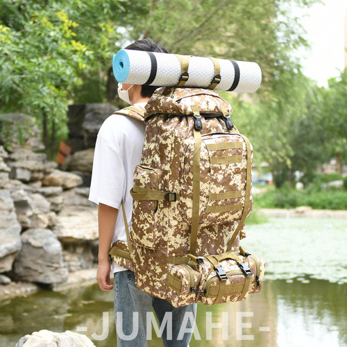 Outdoor backpack for camping and travel, featuring camouflage design, waterproof, large capacity, suitable for hiking and cross-border trade.