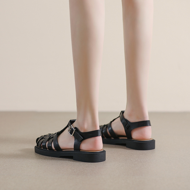 Flat Sandals 2023 New Summer Large Size Retro Woven Roman Shoes Thick Bottom Toe Empty Sandals Women's Soft Bottom