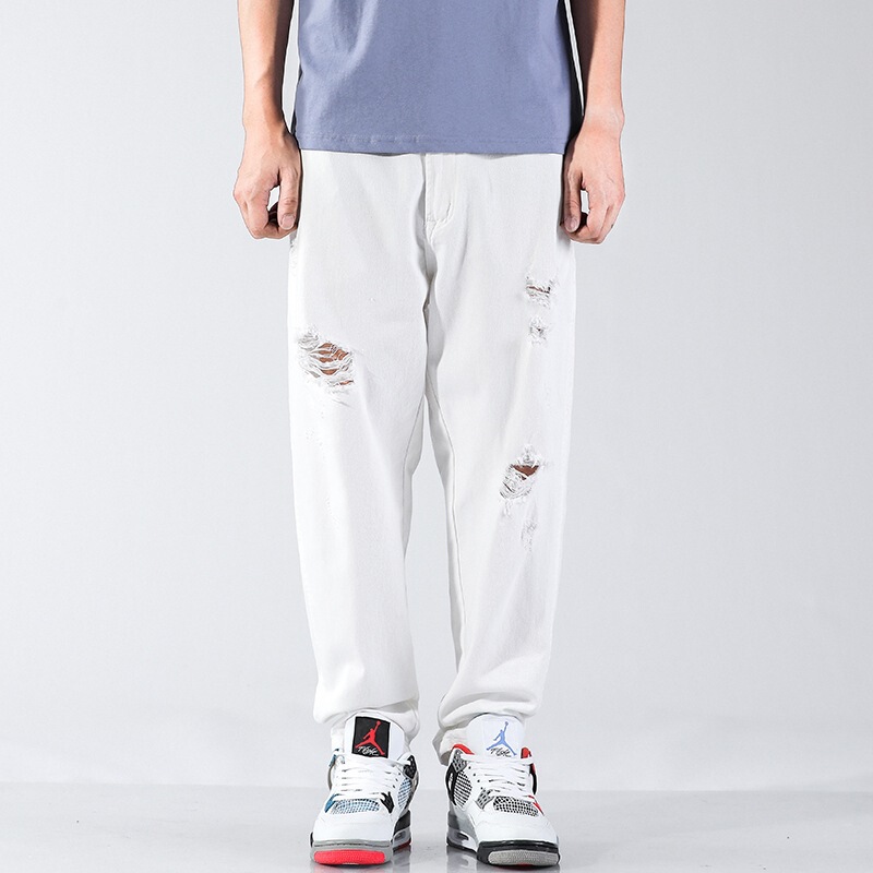 2021 New Spring and Summer Black Ripped Jeans for Men, Trendy Brand Straight Loose Casual Cropped Harem Pants
