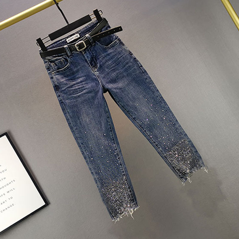 2026 Summer New Style Petite Women's Rhinestone-Embellished Slim-Fit High-Waisted Versatile Cropped Denim Pencil Pants