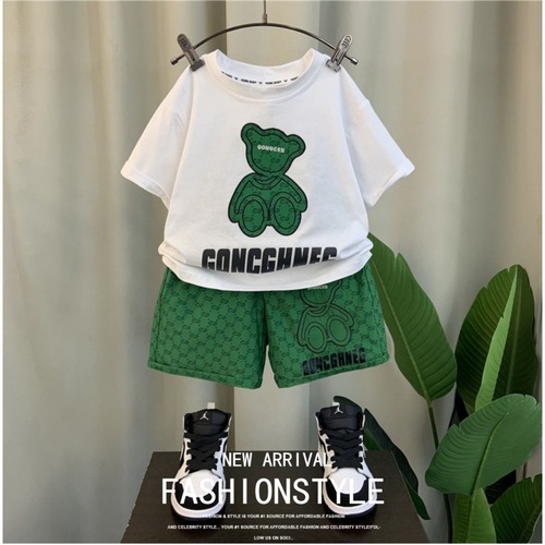 Summer boys' suits summer clothes  new pure cotton short-sleeved tops ice silk shorts medium and large children's western style two-piece set