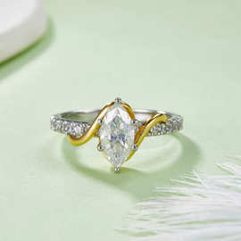 S925银镀18K白金分色马眼形莫桑钻女戒1.0CT
