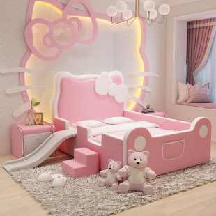 Children's Bed Girl Pink Princess Bed Solid Wood with Guardrail Slide Bedroom Single Bed Hello Kt Girls' Bed New Style