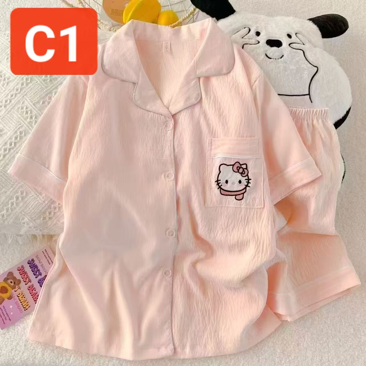 Al por mayor transfronterizo pantalones cortos de manga corta nubes pijamas de algodón de dibujos animados lindos cardigan con solapa primavera y otoño set de ropa para el hogar