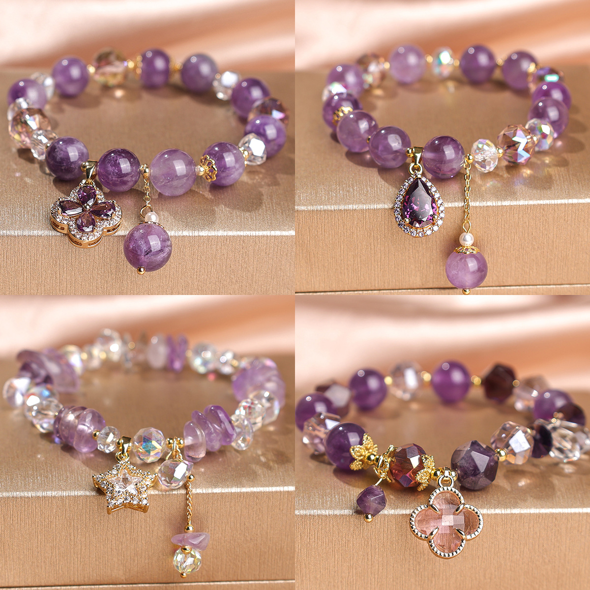 Pulseras de cuentas de amatista natural de alta calidad lujosa ligera para mujeres colgantes retro de cuatro hojas de alta calidad joyerías de comercio electrónico