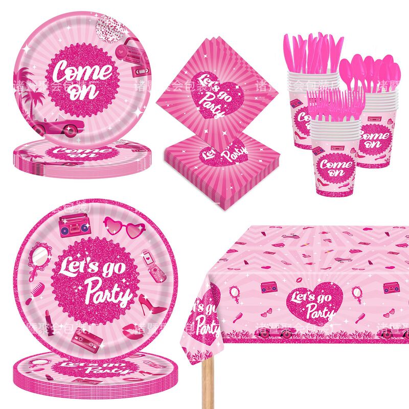 New Girls Pink Barbie Car Party Supplies Tableware Paper Tray Paper Cup Paper Towel Disposable Tablecloth suit