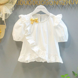 2025 Baby Girl Pure Color Baby Doll Shirt Summer Korean Style Puff Sleeve Cotton and Linen Ruffled Style Short-Sleeved Thin Top