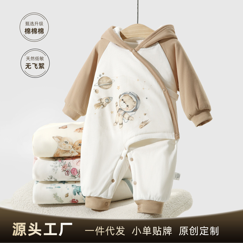 婴儿夹棉连体衣秋冬加厚保暖棉服哈衣幼儿连帽冬季外出服宝宝冬装