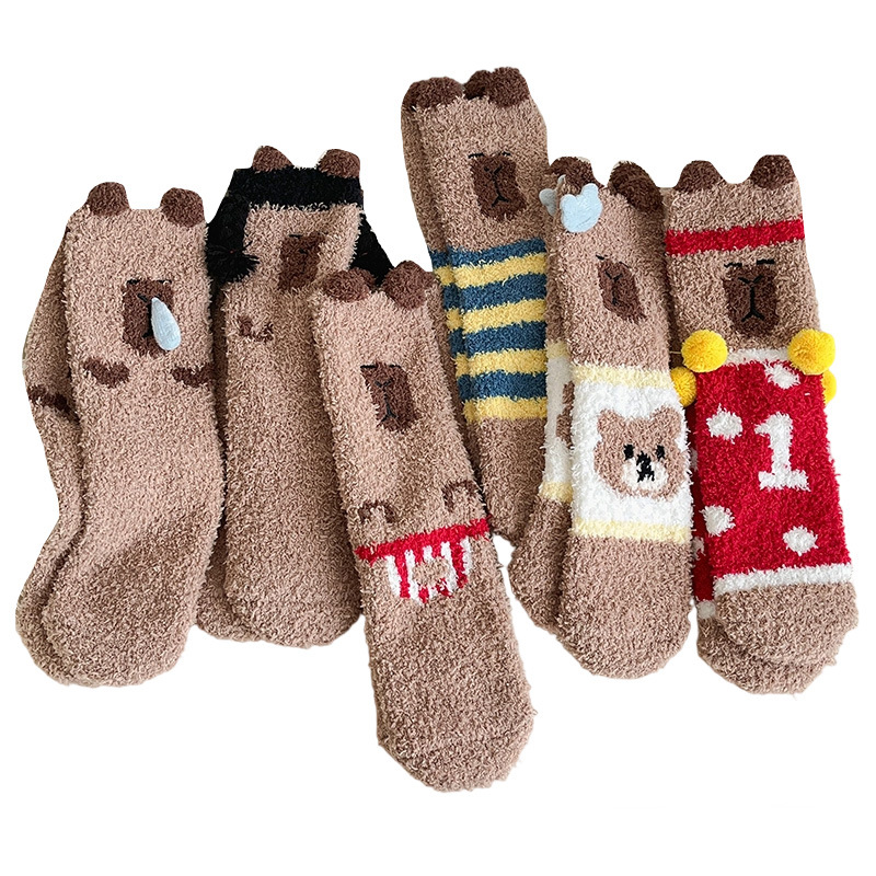 Keep warm cartoon cute coral velvet knee socks, increased thickness, mid-length