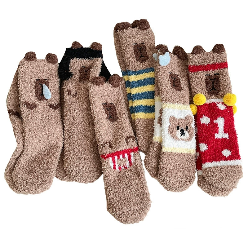 Keep warm cartoon cute coral velvet knee socks, increased thickness, mid-length