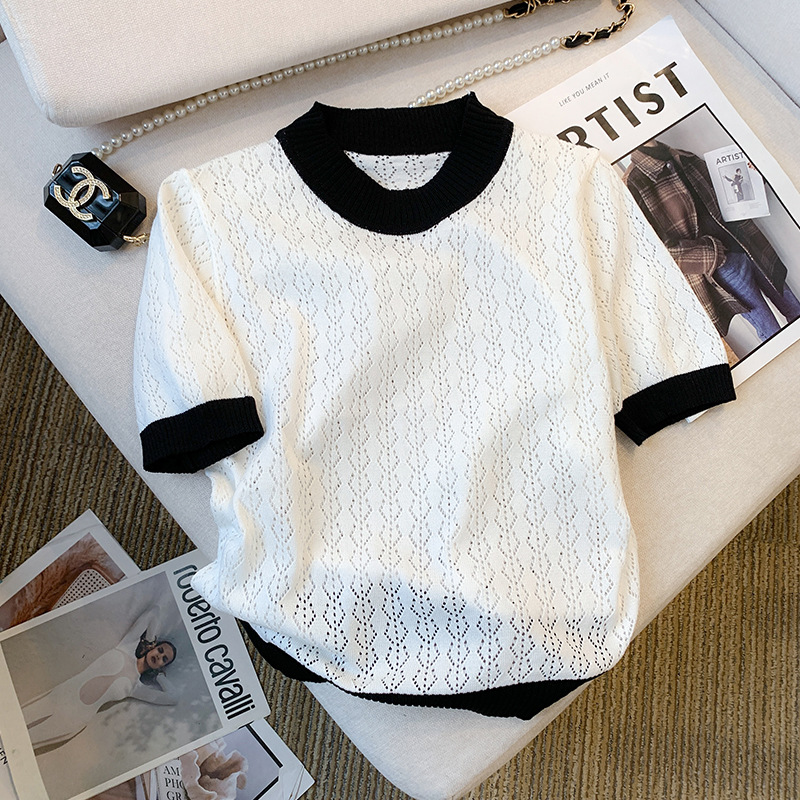 Real photos of in-stock autumn new style color-blocked round neck short-sleeved T-shirt, thin ice silk knit for women.