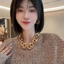 网红大彤彤同款时髦金色粗链条古巴项链高级感猪鼻子颈链锁骨链女