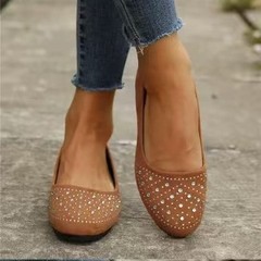 跨境韩版新款大码平底水钻浅口单鞋女外贸圆头工作瓢鞋Nude shoes