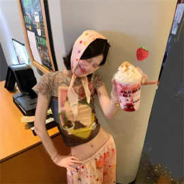 美式辣妹正肩短袖女夏季穿搭猫咪印花多巴胺t恤修身显瘦短上衣y2k
