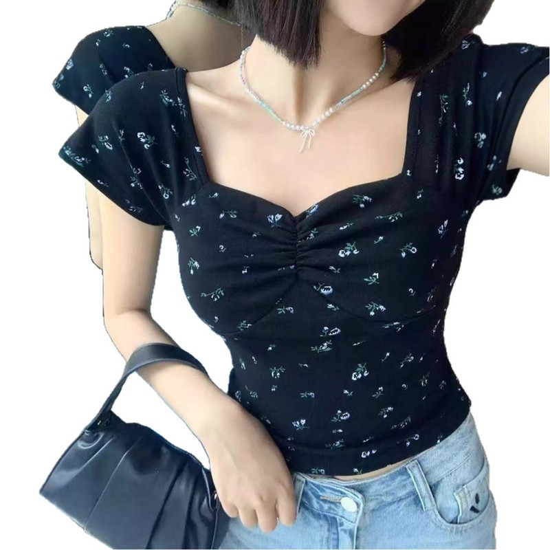 港风复古碎花方领短袖T恤女夏季新款设计感小众修身显瘦别致上衣|undefined