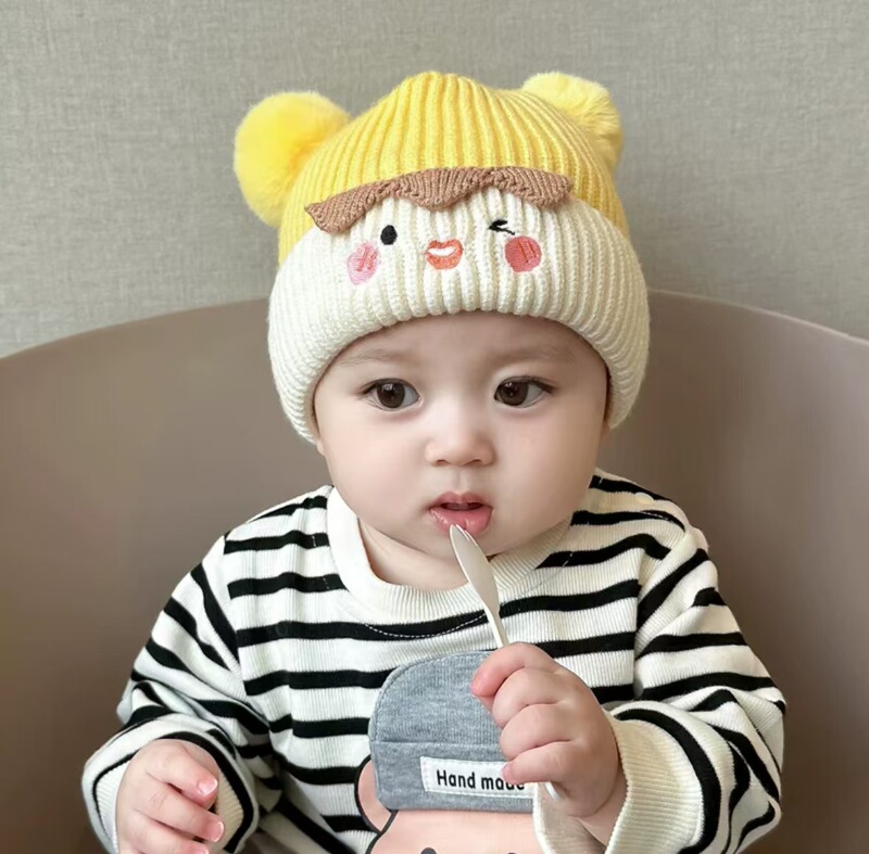 宝宝帽子秋冬季可爱毛球套头帽婴幼儿针织毛线加厚护耳男女超萌潮|undefined