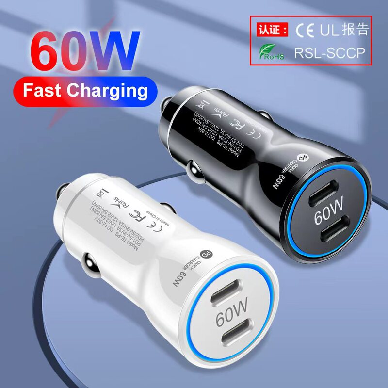 Standard 60W Car Charger Dual Port Type C Pd Charger Car Fast Charging Adapter