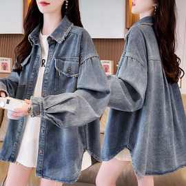 大码胖复古港味毛边牛仔衬衫女春季新款宽松设计感外套上衣